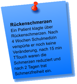 Rückenschmerzen Ein Patient klagte über Rückenschmerzen. Nach 4 Wochen Schulmedizin verspürte er noch keine   Veränderung, nach 15 min TTouch waren die Schmerzen reduziert und nach 2 Tagen trat Schmerzfreiheit ein.